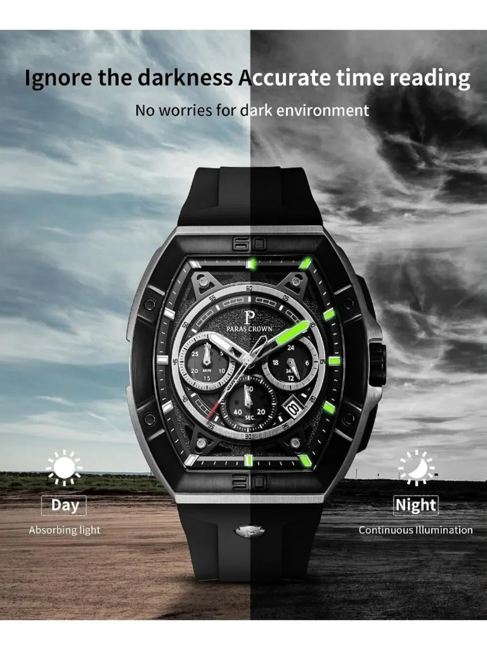 Men's Silver Black 5ATM Waterproof Quartz Luxury Chronograph Analog Wrist Watch